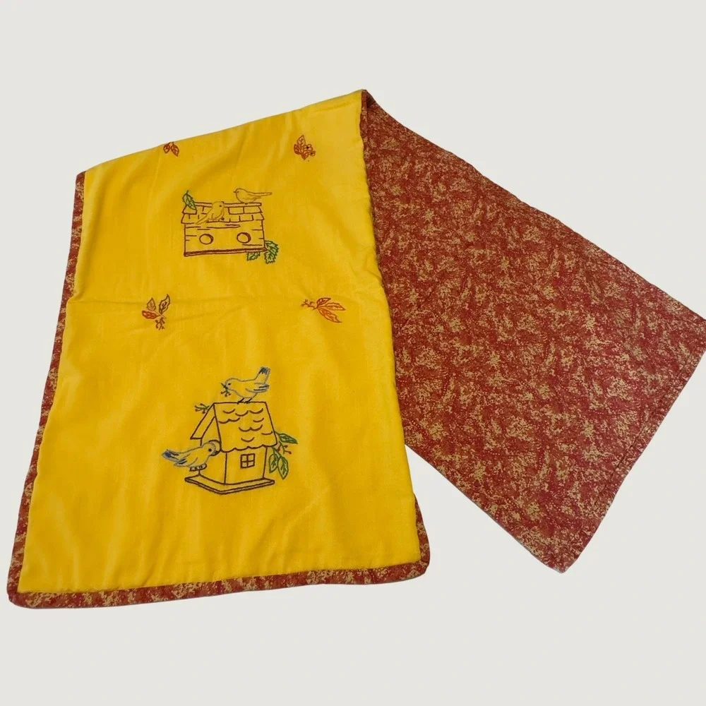 Vintage Style Yellow Birdhouse Embroidered Table Runner Reversible Red 48x15